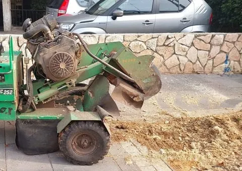 מכרסמת גדמים Vermeer בחצר חולית, עם רכב חונה ברקע וקיר אבן משמאל